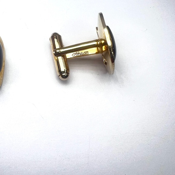 Vintage‎ Anson Onyx Cufflinks Gold Tone Black Center Bullet Back Signed - Picture 6 of 11
